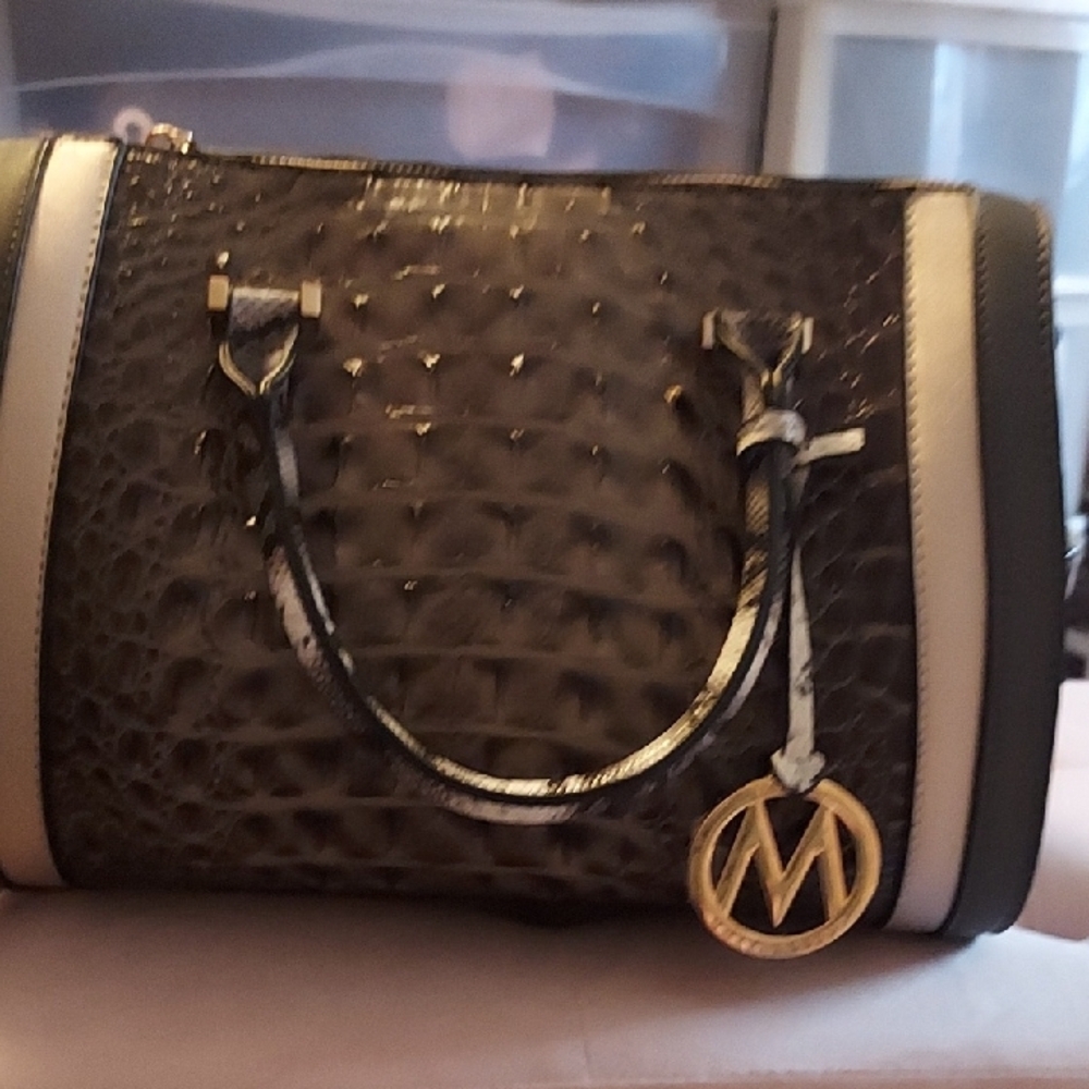 Black and Cream Satchel with Textured Design and Metallic Hardware